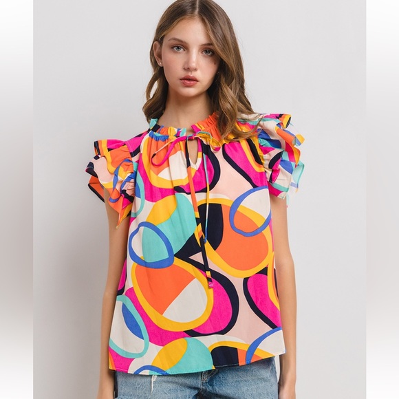 04 Boho Print Ruffle Sleeve Woven Blouse - Picture 4 of 7